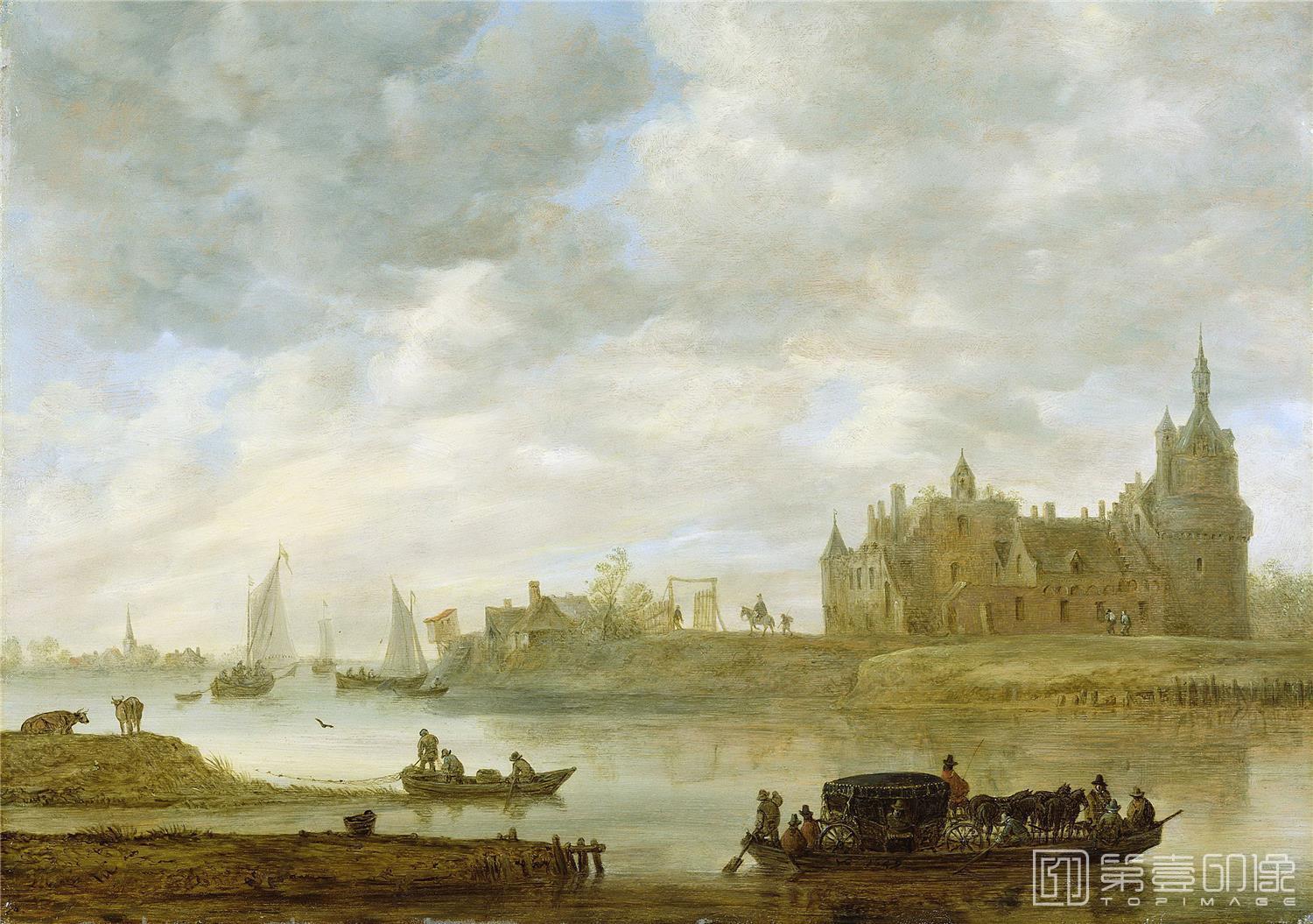 油画-美国洛杉矶保罗盖蒂美术馆-Гойен Ян Йозефс ван (1596 Лейден - 1656 Гаага) - Замок Вейк в Дурстеде (52х73 см) 1649-088